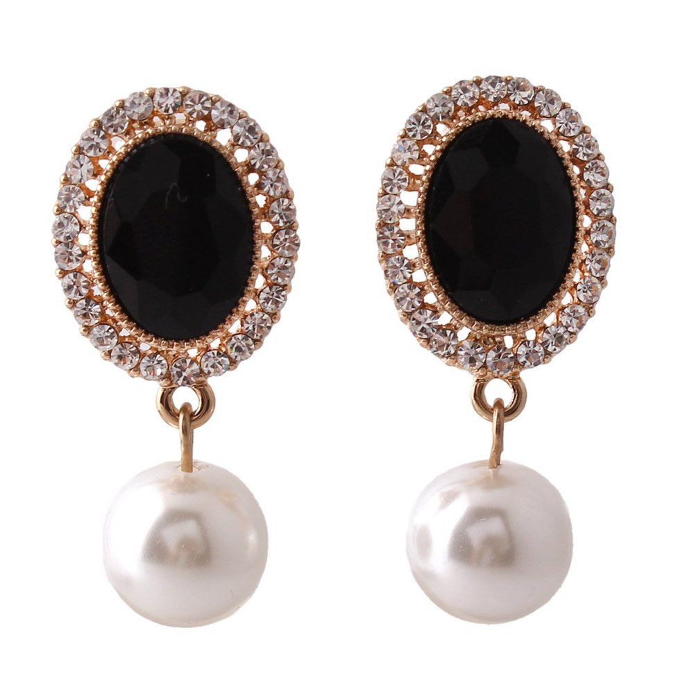 Grace Jun Gold Plated Rhinestone Crystal Simulated Pearl Clip-on Drop Earrings (XHEJ256-Black)