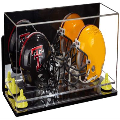 Better Display Cases Acrylic Double Mini - Miniature (not Full Size) Football Helmet or Mini Goalie Mask Display Case with Mirror Case, Wall Mount, Yellow Risers and Clear Base (A019-YR)