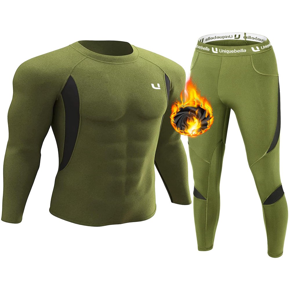 UNIQUEBELLA Men's Thermal Underwear Sets Top & Long Johns Fleece Sweat Quick Drying Thermo Base Layer Green