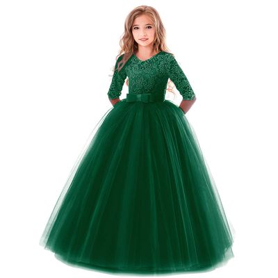 Flower Girl Lace Bridesmaid Dress 3/4 Sleeves Pageant Ball Gowns Princess Puffy Tulle Wedding Party Dresses Dark Green 3-4 Years