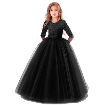 Flower Girl Lace Bridesmaid Dress 3/4 Sleeves Pageant Ball Gowns Princess Puffy Tulle Wedding Party Dresses Black 2-3 Years