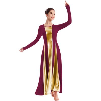 IBAKOM Womens Praise Loose Fit Full Length Long Sleeve Dance Dress for Adult Color Block Liturgical Swing Gown Ruffle Tunic Circle Skirt Costume Burgundy+Gold XXL