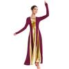 IBAKOM Womens Praise Loose Fit Full Length Long Sleeve Dance Dress for Adult Color Block Liturgical Swing Gown Ruffle Tunic Circle Skirt Costume Burgundy+Gold XXL view 1