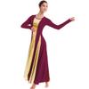 IBAKOM Womens Praise Loose Fit Full Length Long Sleeve Dance Dress for Adult Color Block Liturgical Swing Gown Ruffle Tunic Circle Skirt Costume Burgundy+Gold XXL view 2