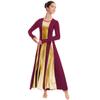 IBAKOM Womens Praise Loose Fit Full Length Long Sleeve Dance Dress for Adult Color Block Liturgical Swing Gown Ruffle Tunic Circle Skirt Costume Burgundy+Gold XXL view 3