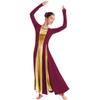 IBAKOM Womens Praise Loose Fit Full Length Long Sleeve Dance Dress for Adult Color Block Liturgical Swing Gown Ruffle Tunic Circle Skirt Costume Burgundy+Gold XXL view 4