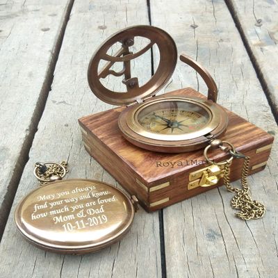 Engraved Compass Personalized Compass Antique Compass Brass Compass Gift for Graduation, Anniversary, Baptism, Boy Scout, or Christmas - Vintage Style Working Compass (Engraved With Wooden Box)