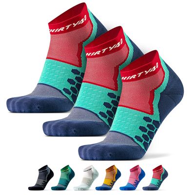 Thirty48 Performance Compression Low Cut Running Socks for Men and Women | More Compression Where Needed ([3 Pair] Red/Blue, XLarge - Women 11-13 // Men 12-14)
