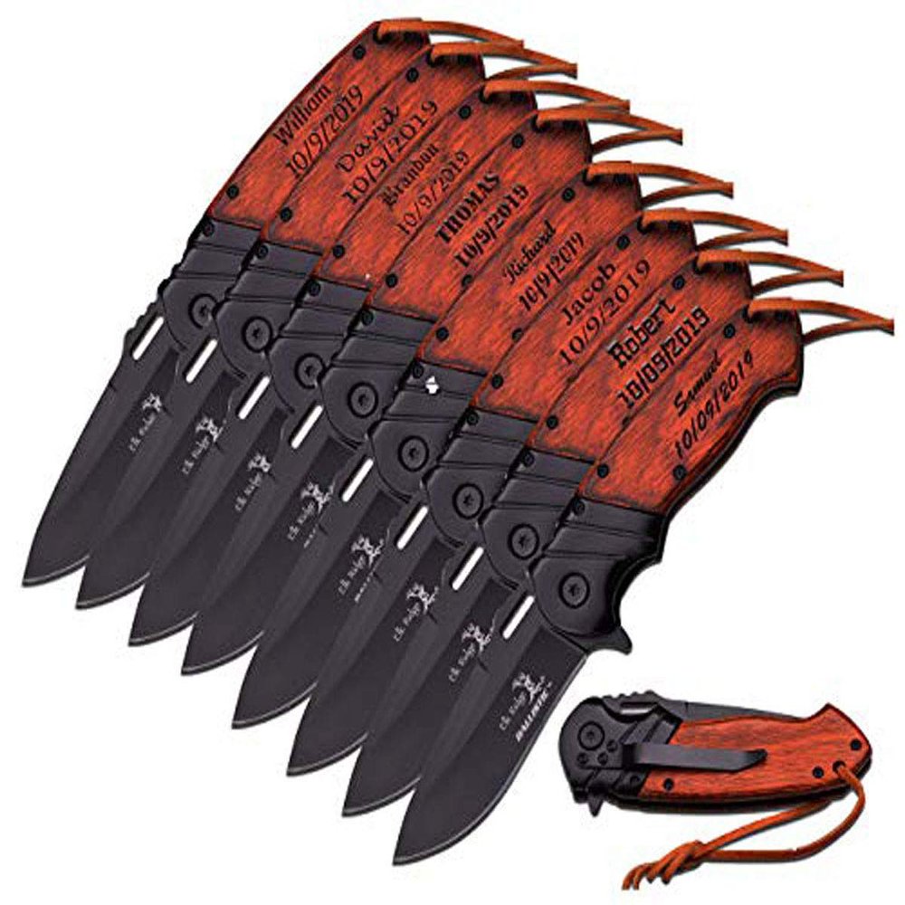 GIFTS INFINITY Customized Pocket Folding Knife with Metal Blade Set of 8 Free Engraving - Groomsmen Wedding Party Personalized Monogrammed Engraved for Free (A-003BW-8)