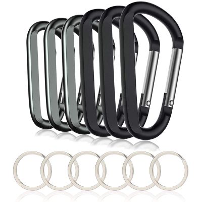 CampTek 6PCS Carabiner Caribeaner Clip,3" Large Aluminum D Ring Shape Carabeaner with 6PCS Keyring Keychain Hook (Black + Grey)