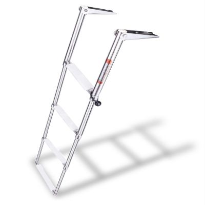 YOUNG MARINE 4 Steps Stainless Steel Drop Down Telescopic and Folding Boat Ladder with White Plastic Footboard,Over Platform Mounting