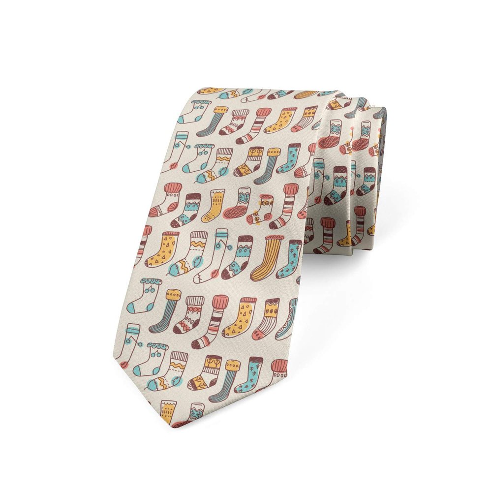 Ambesonne Men's Tie, Doodle Socks Pattern, 3.7", Eggshell Seafoam Mustard