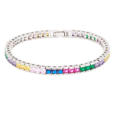 Lavencious AAA Cubic Zirconia Princess Cut 4MM Tennis Bracelet 7" Length + 1" Extension for Women Bridal Party Jewelry (Silver Multicolor)
