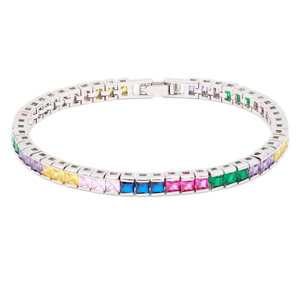 Lavencious AAA Cubic Zirconia Princess Cut 4MM Tennis Bracelet 7" Length + 1" Extension for Women Bridal Party Jewelry (Silver Multicolor)