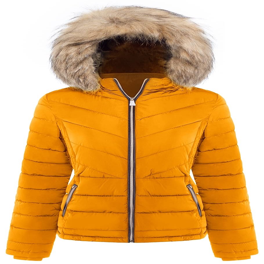 BodiLove Women's Fur Hooded Utility Jacket with Zipper and Flannel Lining Mustard M