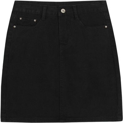 chouyatou Women's Basic Five-Pocket Rugged Wear Denim Skirt with Slit (X-Small, Black)