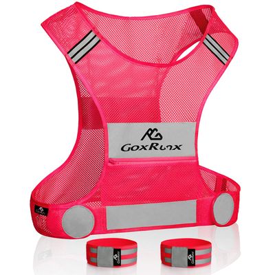 Reflective Vest Running Gear, Lightweight Motorcycle Cycling Reflective Vests with Large Pocket & Adjustable Waist for Women Men Running Safety Vest with Reflective Bands (Pink, X-Large)