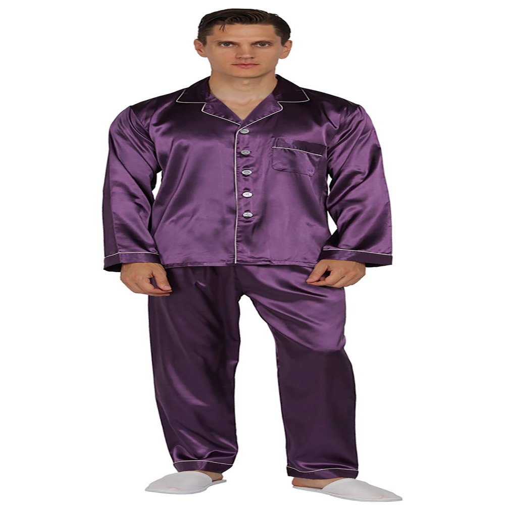 YIMANIE Mens Pajamas Silk Satin Pajamas for Men Soft Sleepwear Button Down Loungewear with Pockets Purple