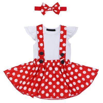 Baby Girls 1st Birthday Cake Smash Outfit Short Sleeve Romper+Polka Dots Suspender Tutu Skirt+Headband 6-12 Months