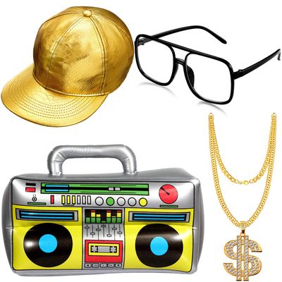 meekoo Halloween Hip Hop Costume 80s 90s Rapper Outfit Cosplay Accessories for Men Inflatable Boombox Baseball Cap(Gold Baseball Cap, Boom Box)