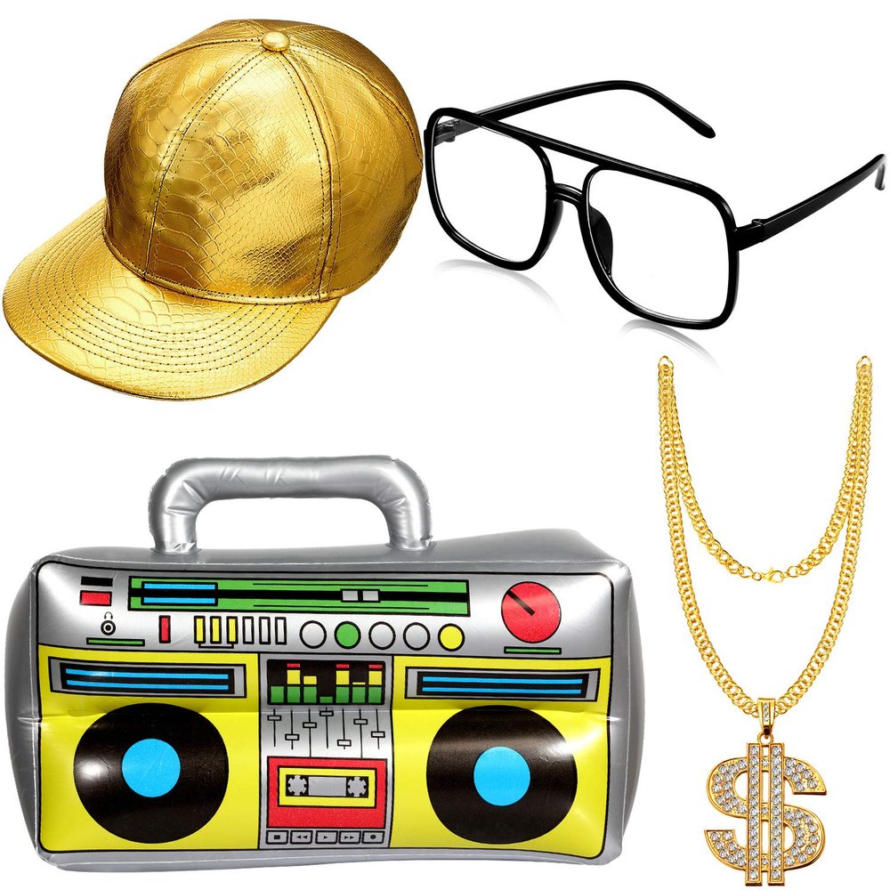 meekoo Halloween Hip Hop Costume 80s 90s Rapper Outfit Cosplay Accessories for Men Inflatable Boombox Baseball Cap(Gold Baseball Cap, Boom Box)
