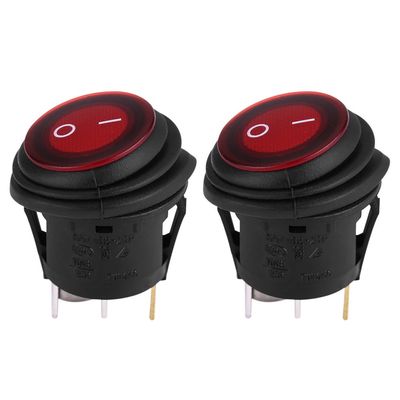 2 Pcs Round Rocker Switches 12V On-Off Waterproof LED Light Illuminated Toggle Switch, 20A 3Pin Car Auto Boat Snap-in Latching Button, 25 27 20mm (Black and Red)
