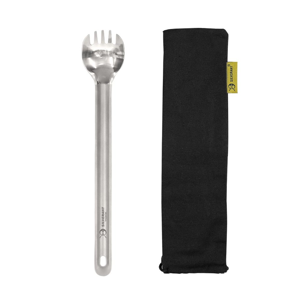 SILVERANT Titanium Ultralight Long Handle Spork, 9 Long Utensil With Polished Bowl, For Camping, Hiking & Backpacking, Extra Strong, Durable & Lightweight - With Drawstring Case
