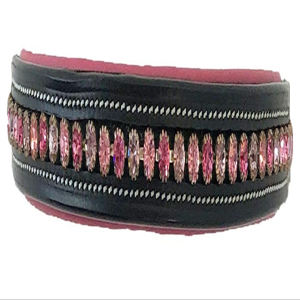 Equitem Leather English Bridle Pink Padded Browband with Pink Round Crystals (Black, Pony 14")