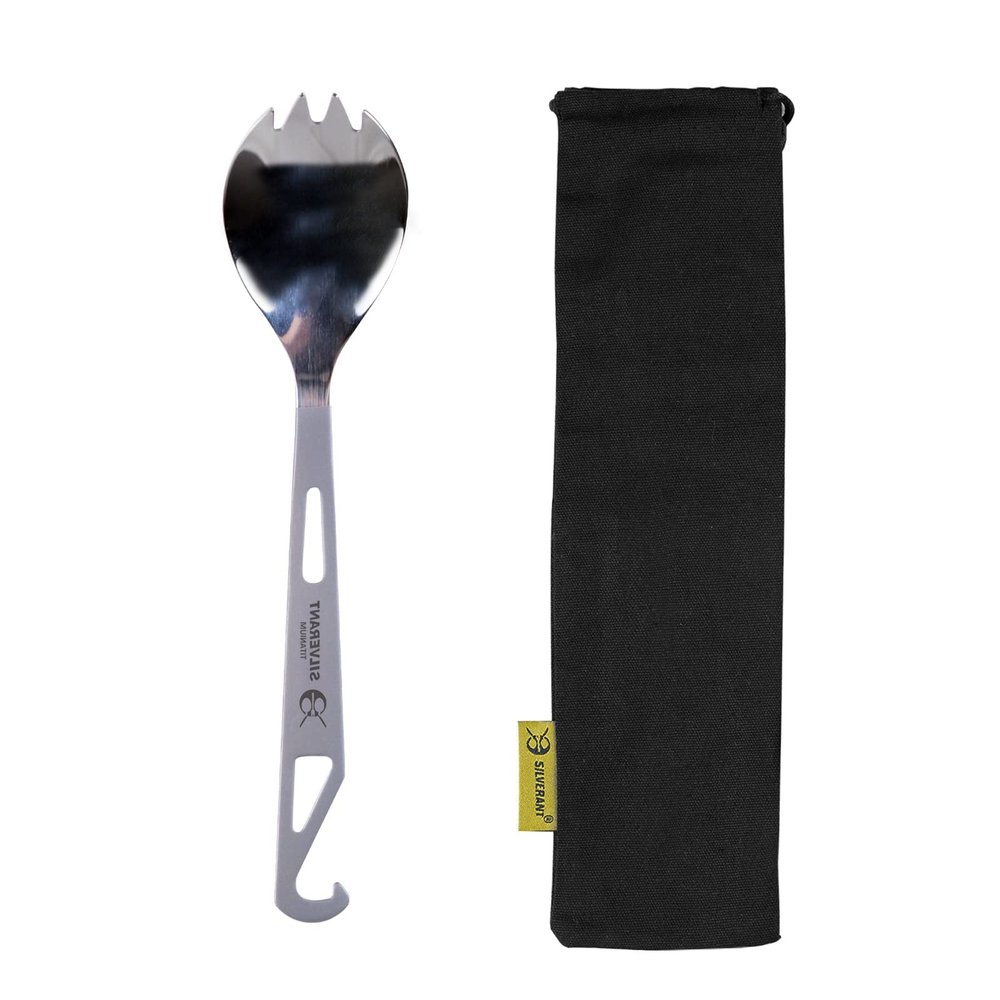 SILVERANT Titanium Ultralight Spork, 6.4 Long Utensil With Polished Bowl, For Camping, Hiking & Backpacking, Extra Strong, Durable & Lightweight - With Drawstring Case