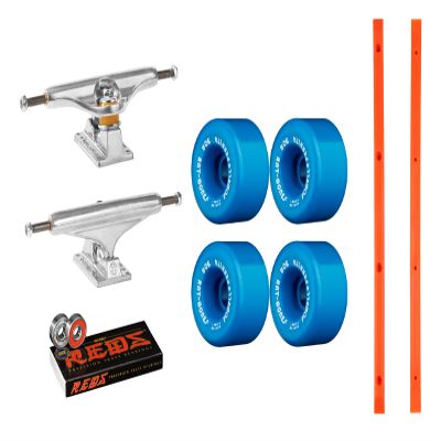 INDEPENDENT 144 Skateboard Trucks, Powell Rat Bones Blue Wheels, Neon Orange Rails, Reds