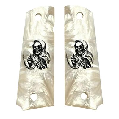 Compatible Replacement for 1911 Pearl Premium Gun Grips w/The Reaper for Colt Gov. & Clones Taurus, S&W, Springfield, Rock Island MOP Full Size w/Reaper Bonus 4 Gold Screws