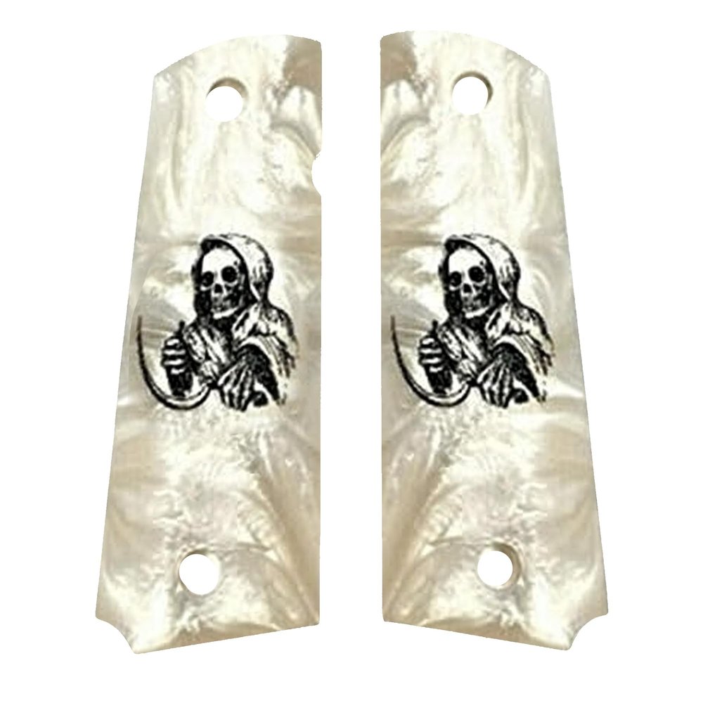 Compatible Replacement for 1911 Pearl Premium Gun Grips w/The Reaper for Colt Gov. & Clones Taurus, S&W, Springfield, Rock Island MOP Full Size w/Reaper Bonus 4 Gold Screws