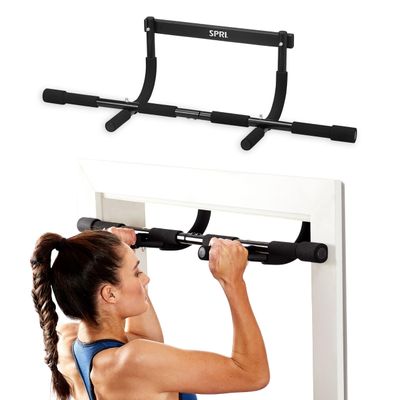 SPRI Pull Up Bar - 8-Grip Door Frame Mounting Pull-Up Bar for Versatile Workouts - Rugged Steel Frame with Foam Handles - Supports 300 Pounds - Fits Door Frames Up to 32 in. Wide  Black)