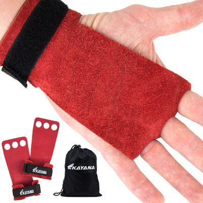 KAYANA 3 Hole Leather Gymnastics Hand Grips - Palm Protection and Wrist Support for Cross Training, Kettlebells, Pull ups, Weightlifting, Chin ups, Workout, & Exercise (Red, Youth Medium)