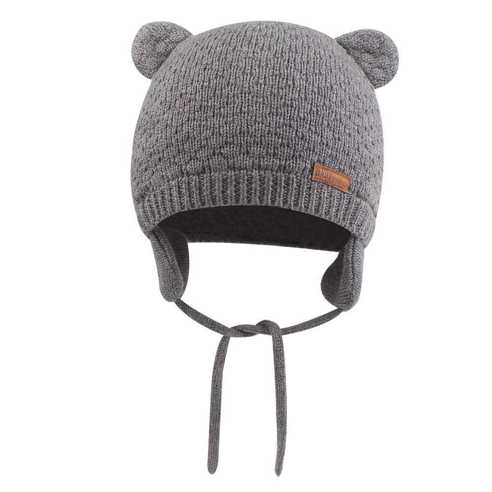 BAVST Baby Toddler Winter Beanie Warm Boys Girls Earflap Hat Infant Knit Caps Cute Bear Soft Cotton Lining for 0-36M(Grey-Light,S)