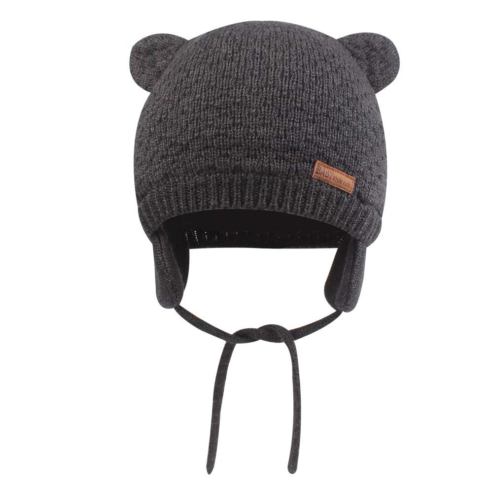 BAVST Baby Toddler Winter Beanie Warm Boys Girls Earflap Hat Infant Knit Caps Cute Bear Soft Cotton Lining for 0-36M(Grey-Dark,L)