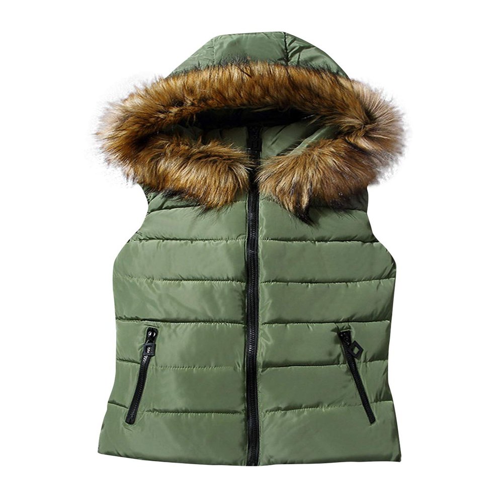 ZGZZ7 Women's Winter Warm Puffy Vests Fur Collar Quilted Hooded Puffer Coats with Candy Colors (Green, Small)