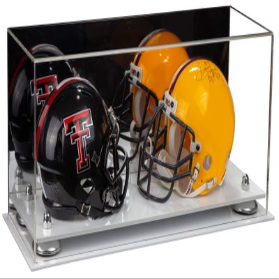 Better Display Cases Acrylic Double Mini - Miniature (not Full Size) Football Helmet or Mini Goalie Mask Display Case with Mirror Case, Silver Risers and White Base (A019-SR)
