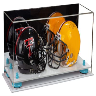 Better Display Cases Acrylic Double Mini - Miniature (not Full Size) Football Helmet or Mini Goalie Mask Display Case with Mirror Case, Light Blue Risers and White Base (A019-BLR)