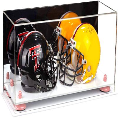 Better Display Cases Acrylic Double Mini - Miniature (not Full Size) Football Helmet or Mini Goalie Mask Display Case with Mirror Case, Pink Risers and White Base (A019-PNR)