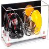 Better Display Cases Acrylic Double Mini - Miniature (not Full Size) Football Helmet or Mini Goalie Mask Display Case with Mirror Case, Pink Risers and White Base (A019-PNR) view 1
