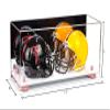 Better Display Cases Acrylic Double Mini - Miniature (not Full Size) Football Helmet or Mini Goalie Mask Display Case with Mirror Case, Pink Risers and White Base (A019-PNR) view 2