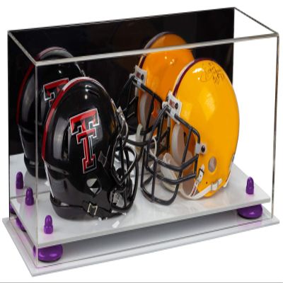 Better Display Cases Acrylic Double Mini - Miniature (not Full Size) Football Helmet or Mini Goalie Mask Display Case with Mirror Case, Purple Risers and White Base (A019-PR)