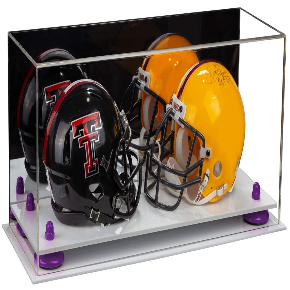 Better Display Cases Acrylic Double Mini - Miniature (not Full Size) Football Helmet or Mini Goalie Mask Display Case with Mirror Case, Purple Risers and White Base (A019-PR)