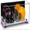 Better Display Cases Acrylic Double Mini - Miniature (not Full Size) Football Helmet or Mini Goalie Mask Display Case with Mirror Case, Purple Risers and White Base (A019-PR) view 1