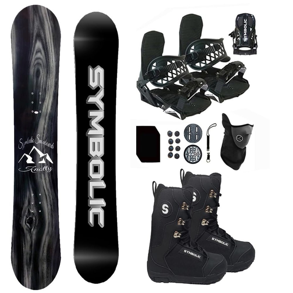 Symbolic Knotty Snowboard & Bindings & Boots +Leash+Stomp+Mask Package (160cm Wide Hybrid Rocker, 10 Mens Black Boots & Black Bindings)