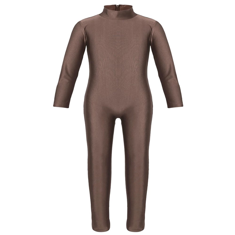JEATHA Kids Girls Classic Long Sleeves Full Body Gymnastics Exercise Unitard Sports Leotard Bodysuit Costumes Brown 4-5