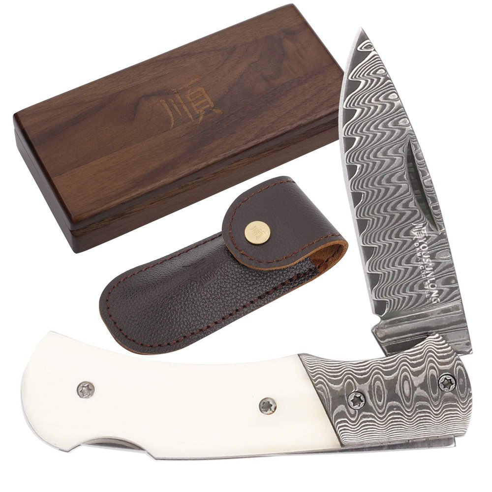 YOUSUNLONG Folding Pocket Knife - Overall 140mm - Japanese Damascus Steel Blade - Natural Bull Bone Handle with Leather sheath and natural walnut wooden knife box