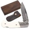 YOUSUNLONG Folding Pocket Knife - Overall 140mm - Japanese Damascus Steel Blade - Natural Bull Bone Handle with Leather sheath and natural walnut wooden knife box view 1