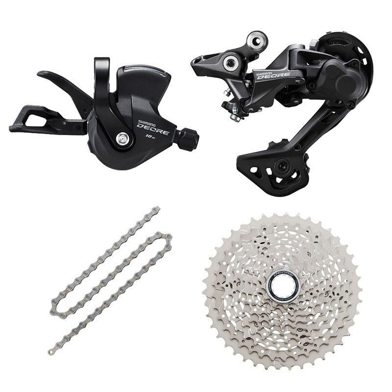 JGbike Compatible 10 Speed MTB 4pc groupset for Shimano Deore M4100: Right Shift Lever,Long cage Rear Derailleur, 11-42T Cassette or Sunrace 11-46T Cassette, KMC X10 Chain